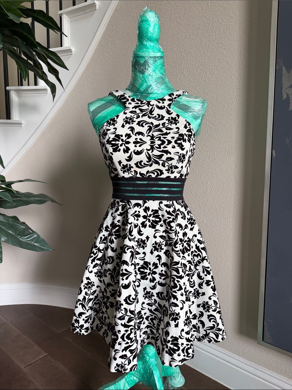 Black & White Floral Fit-and-Flare Dress with Striped Waist